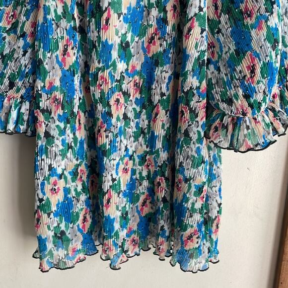 Ganni Pleated Georgette Ruffle V-Neck Blouse in Floral Azure Blue - Picture 13 of 16